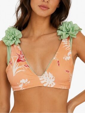 Juan De Dios Reversible Floral Bikini Top Large Peach Mint Green